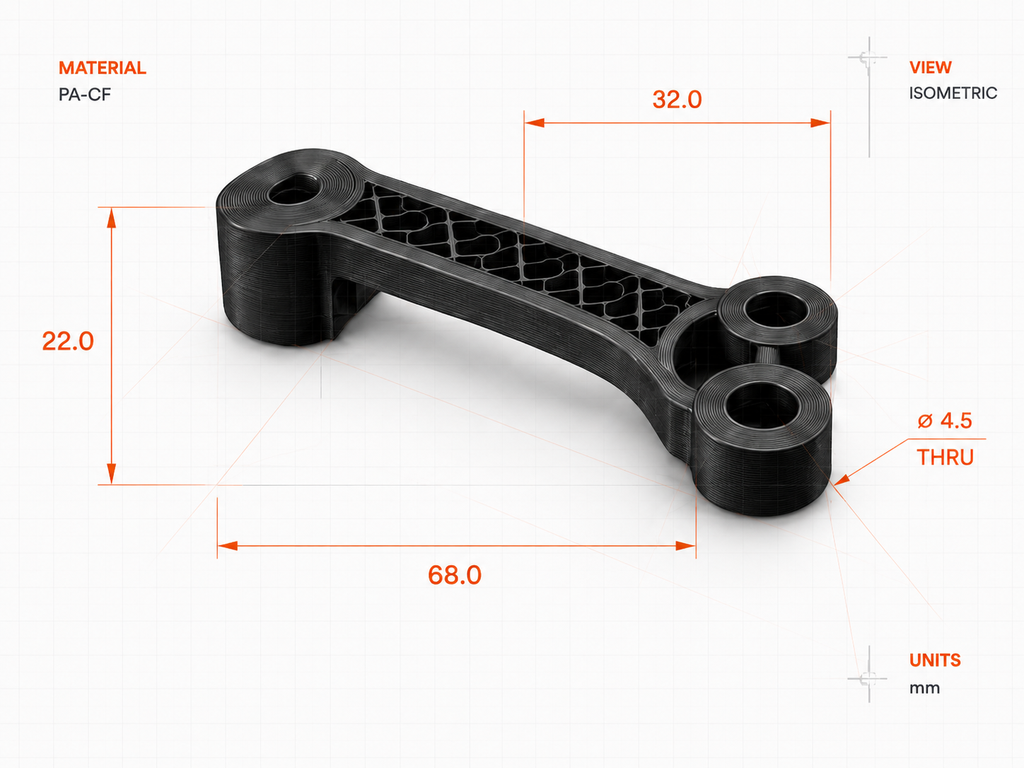 Technical 3D printed mechanical component with dimensions